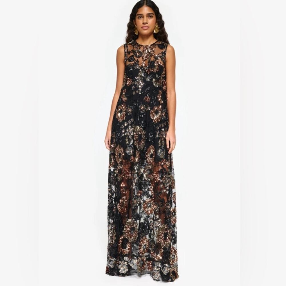 NWT Aknvas Maja sequin metallic gown dress long sz 8 black bronze‎